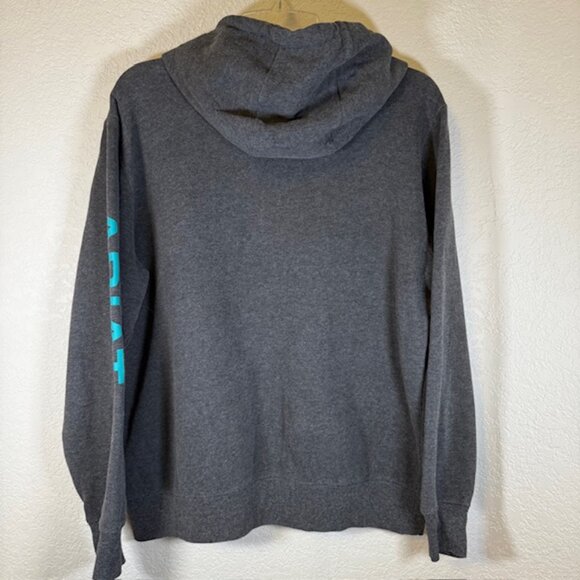 Ariat Charcoal Pullover Hoodie with Teal Logos and Front Pocket- Womens Size L - Picture 6 of 10